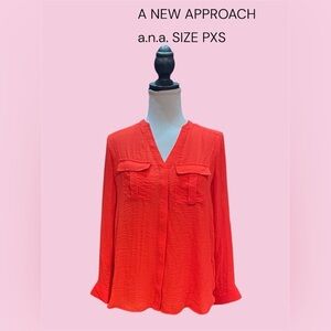 RED BUTTON UP BLOUSE WITH COLLAR BY a.n.a. IN SIZE PETITE EXTRA SMALL